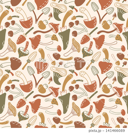 Seamless Mushroom Pattern with Hand Drawn Forest Fungi and Botanical Elements in Earthy Colors Vector 141466089