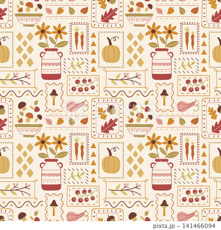 Autumn Folk Pattern with Flowers Pumpkins Mushrooms and Rustic Kitchen Decor Autumn Folk Pattern with Flowers Pumpkins Mushrooms and Rustic Kitchen Decor 141466094