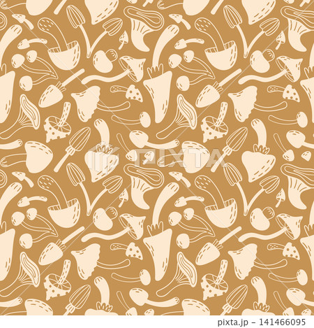Seamless Mushroom Pattern with Forest Fungi in Mustard and Earth Tone Colors Vector Seamless Mushroom Pattern with Forest Fungi in Mustard and Earth Tone Colors Vector 141466095