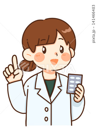 薬のシートを持って説明する女性薬剤師のイラスト 薬のシートを持って説明する女性薬剤師のイラスト 141466483
