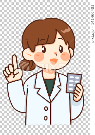 薬のシートを持って説明する女性薬剤師のイラスト 薬のシートを持って説明する女性薬剤師のイラスト 141466483