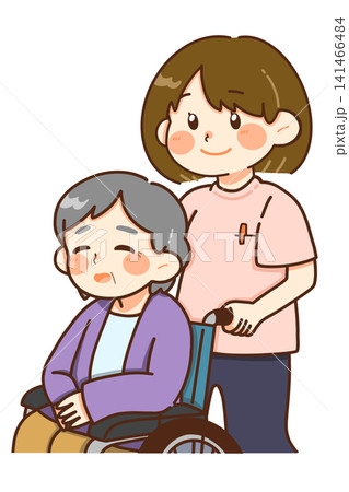 車椅子を押す女性介護スタッフのイラスト 車椅子を押す女性介護スタッフのイラスト 141466484