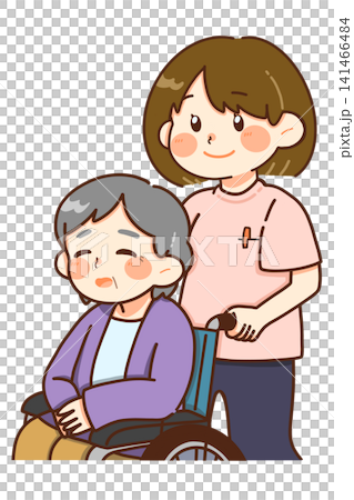 車椅子を押す女性介護スタッフのイラスト 車椅子を押す女性介護スタッフのイラスト 141466484