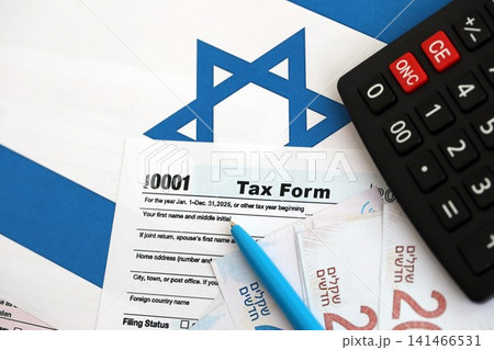 Israel new shekels money with calculator and tax form on flag. The current Israel money and blank Israel new shekels money with calculator and tax form on flag. The current Israel money and blank 141466531