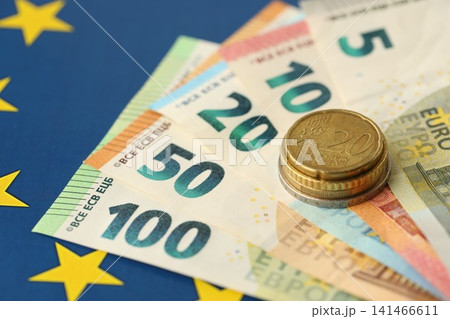 European union money currency Euro different paper notes and coins on flag 141466611