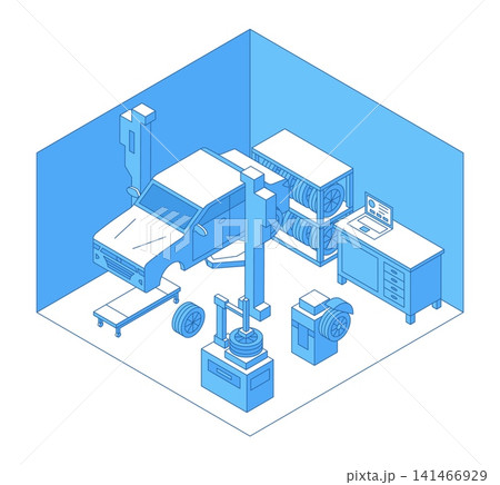 Isometric tire service. Seasonal tire change for passenger car in garage. Professional maintenance. Automobile renovation, nifty vector scene Isometric tire service. Seasonal tire change for passenger car in garage. Professional maintenance. Automobile renovation, nifty vector scene 141466929