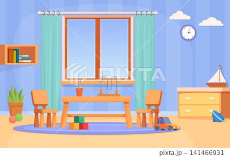 Children playroom interior. Toddler kindergarten area for play. Preschool room with desk, stools, toys and shelf. Kids design sapid vector scene 141466931