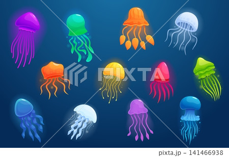 Underwater color jellyfish. Cartoon neon jellyfish, different style ocean and sea life characters. Water glowing animals, exotic creatures, sapid vector set Underwater color jellyfish. Cartoon neon jellyfish, different style ocean and sea life characters. Water glowing animals, exotic creatures, sapid vector set 141466938