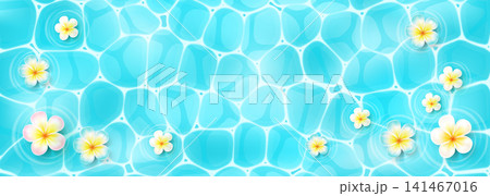 Summer background with azure water in the pool and frangipani flowers. Invitation template for a summer pool party. Summer background with azure water in the pool and frangipani flowers. Invitation template for a summer pool party. 141467016