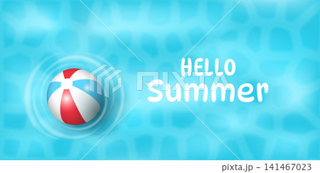 Summer background with azure water in the pool and a beach ball and the inscription Hello summer 141467023