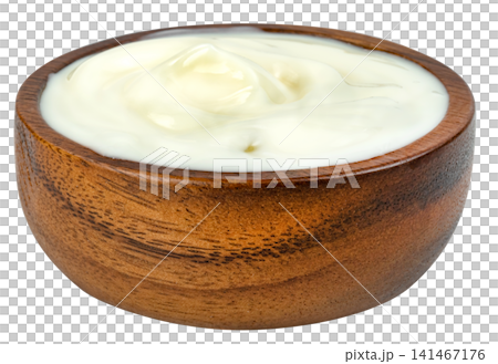 Fresh thick white Greek yogurt or sour cream in a rustic round wooden bowl isolated. Creamy texture ideal for healthy breakfast, cooking, and dairy product concepts. Fresh thick white Greek yogurt or sour cream in a rustic round wooden bowl isolated. Creamy texture ideal for healthy breakfast, cooking, and dairy product concepts. 141467176