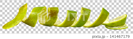 Long spiraled lime or green citrus fruit peel isolated. Fresh organic zest twist showing textured skin and white pith. Ideal for food, drink, cocktail, and nutrition concepts. Long spiraled lime or green citrus fruit peel isolated. Fresh organic zest twist showing textured skin and white pith. Ideal for food, drink, cocktail, and nutrition concepts. 141467179