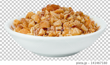 White ceramic bowl filled with crushed roasted peanuts isolated. Close-up of crunchy nut pieces, perfect for food topping or snack ingredient. High-quality studio shot. White ceramic bowl filled with crushed roasted peanuts isolated. Close-up of crunchy nut pieces, perfect for food topping or snack ingredient. High-quality studio shot. 141467180
