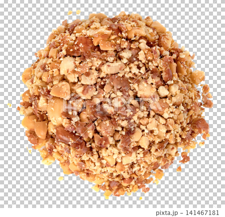 A pile of crushed roasted peanuts with brown skins isolated. Top view close-up of chopped groundnut pieces, ideal as a food ingredient for baking, snacks, or dessert toppings. A pile of crushed roasted peanuts with brown skins isolated. Top view close-up of chopped groundnut pieces, ideal as a food ingredient for baking, snacks, or dessert toppings. 141467181