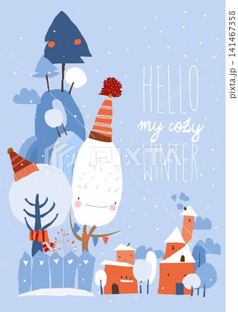 Cartoon Winter Landscape With Little Village and Cute Trees Cartoon Winter Landscape With Little Village and Cute Trees 141467358