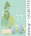 Cartoon Spring Landscape With Little Village and Cute Trees 141467359