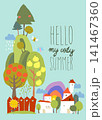 Cartoon Summer Landscape With Little Village and Cute Trees 141467360