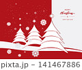 Greeting card or banner Merry Christmas and Happy New Year. Minimalist style. New Year's fir trees, snow, snowflakes, Jesus star on a white and red background 141467886