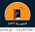 Happy Halloween. The moon and an open door with a skeleton in the background of graves 141467887