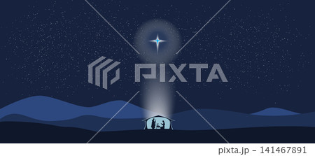 Star shines over manger of Jesus Christ. Vector illustration for banner. Christmas design with Jesus, Mary, Joseph, star, manger on a blue background. 141467891