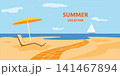 Summer banner. Holidays on the sea beach. Landscape with beach,  sky, clouds, yacht in the sea.  Vacation travel and summer holidays illustration. Vector 141467894