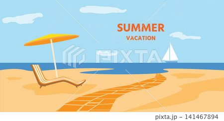 Summer banner. Holidays on the sea beach. Landscape with beach,  sky, clouds, yacht in the sea.  Vacation travel and summer holidays illustration. Vector 141467894