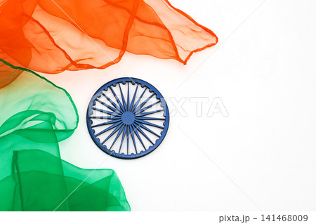India flag saffron green fabric ashoka chakra on white 141468009