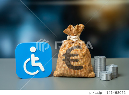 Symbol of a person with a disability and a euro money bag. Budget line item for supporting vulnerable groups. Cash benefits and social payments. Symbol of a person with a disability and a euro money bag. Budget line item for supporting vulnerable groups. Cash benefits and social payments. 141468051