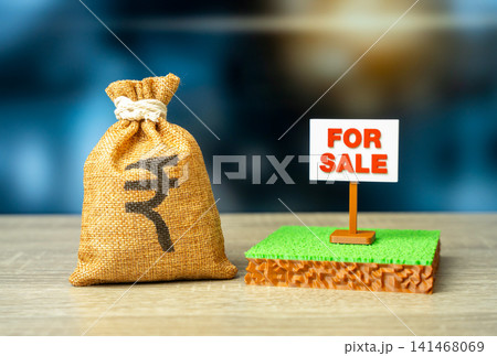 An Indian group with a money bag and a plot of land for sale. Mortgage. Land for construction or business. Bank collateral. 141468069