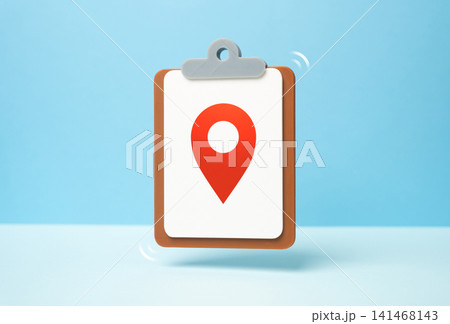 Paper tablet and geolocation symbol. Precise destination. Meeting and routes. Relocation and moving. Business transfer. 141468143