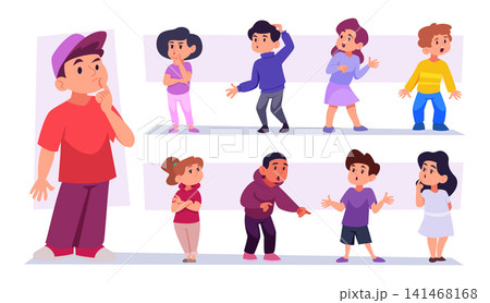 Question concept. Vector illustration features kids with puzzled emotions and question symbols for learning and thinking exact scenes Question concept. Vector illustration features kids with puzzled emotions and question symbols for learning and thinking exact scenes 141468168