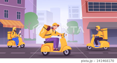 Delivery transport. Vector background composition includes scooter courier characters and vehicle views for logistics exact scenes Delivery transport. Vector background composition includes scooter courier characters and vehicle views for logistics exact scenes 141468170