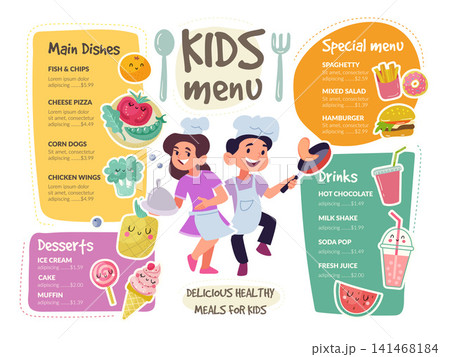 Kids menu. Vector restaurant menu template with happy children colorful meals desserts drinks and playful food illustrations 141468184