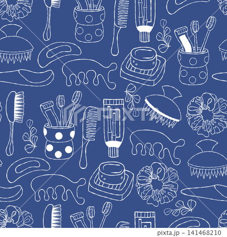 Eco Spa Beauty Seamless Pattern. Wooden Scalp Massager, Gua Sha, Bamboo Hair Comb and Toothbrush with Paste, Soap on Blue Background. Vector Illustration. Outline Hand Drawn Eco Friendly Wallpaper 141468210