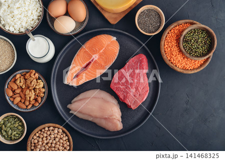 Healthy balanced nutrition with animal and plant based protein sources. Healthy balanced nutrition with animal and plant based protein sources. 141468325