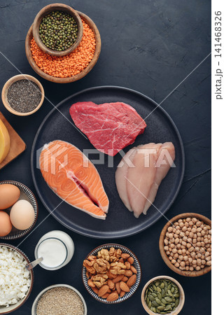 Healthy balanced nutrition with animal and plant based protein sources. 141468326