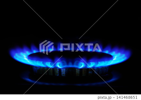 Falames of gas stove in the dark. kitchen gas cooker with burning fire propane gas Falames of gas stove in the dark. kitchen gas cooker with burning fire propane gas 141468651