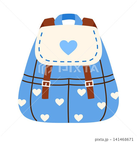 Cute denim school backpack. Stylish kids backpack with heart pattern. Back to school, education, preschool, and children's projects concept. Vector illustration in cartoon style Cute denim school backpack. Stylish kids backpack with heart pattern. Back to school, education, preschool, and children's projects concept. Vector illustration in cartoon style 141468671