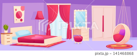 Little princess room. Light pink and purple interior for girl. Cozy bed, wardrobe, curtains and floor lamp. Dopamine area for female character, nowaday vector scene Little princess room. Light pink and purple interior for girl. Cozy bed, wardrobe, curtains and floor lamp. Dopamine area for female character, nowaday vector scene 141468868