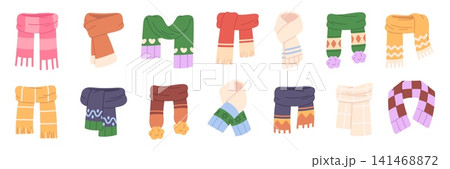 Knitting scarves. Warm scarf for cold weather. Seasonal stylish unisex accessories for winter, autumn, spring. Cartoon outfit elements, racy vector set Knitting scarves. Warm scarf for cold weather. Seasonal stylish unisex accessories for winter, autumn, spring. Cartoon outfit elements, racy vector set 141468872