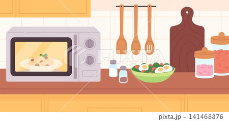 Cooking in microwave. Tasty homemade food reheating, spaghetti with meatballs. Quickly hot meal with fresh salad. Lunch or dinner at home, racy vector scene 141468876