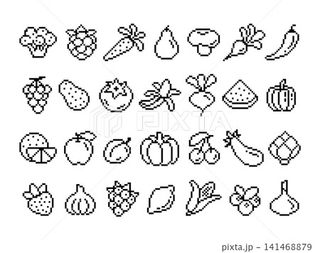 Pixelated vegetables and fruits. Fresh farming icons, agriculture elements. Isolated outline veggies, berries in 8 bit style, tidy vector symbols 141468879