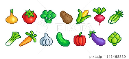 Vegetable pixel icons. Fresh different veggies pixelated style. Arcade gaming 8 bit elements design. Tomato, carrot, cucumber, corn, tidy vector set Vegetable pixel icons. Fresh different veggies pixelated style. Arcade gaming 8 bit elements design. Tomato, carrot, cucumber, corn, tidy vector set 141468880