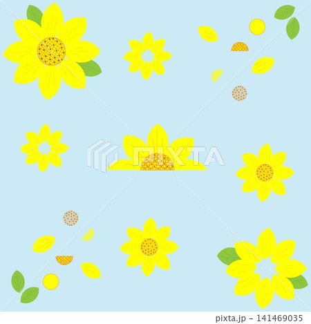 On a blue background, yellow sunflowers with seeds and green leaves On a blue background, yellow sunflowers with seeds and green leaves 141469035
