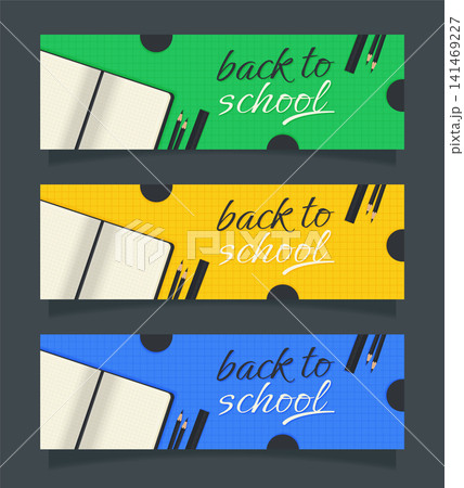 back to school colorful horizontal banner set with notebook and stationery vector illustration. back to school colorful horizontal banner set with notebook and stationery vector illustration. 141469227