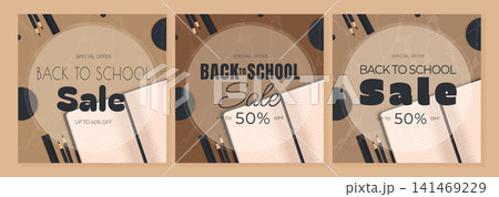 back to school sale square banner set with neutral earth tones vector illustration. 141469229