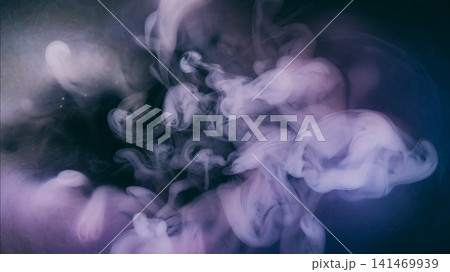 Haze swirl defocused. Ink fog. Purple pigment dissolving in black water blending color in liquid abstract art cloud mix background. Haze swirl defocused. Ink fog. Purple pigment dissolving in black water blending color in liquid abstract art cloud mix background. 141469939