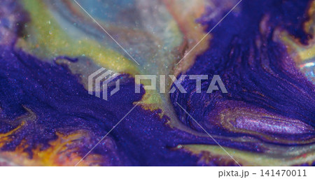 Paint stream blur. Flare glitter background. Purple violet neon color dye blending in yellow sparkling fluid with wavy abstract curl. 141470011