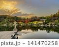 広島県三原市三景園の夕焼けに映える紅葉 141470258