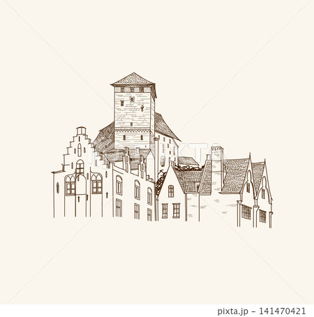 Vector outline. The architectural landscape of the old streets of the city 141470421